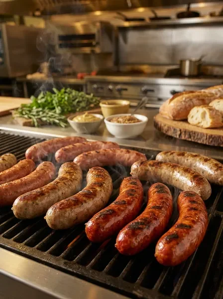 נקניקים טריים על הגריל במסי הנקניק